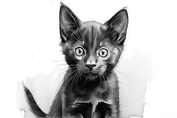 Black and white sketch of a playful Korat kitten. The kitten's fur was fluffy and its long tail was raised and its eyes were wide with curiosity. on a white background