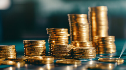 Financial growth concept with stacks of golden coins and a digital rising arrow graph, investment success