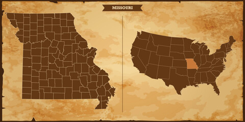 Missouri state map, United States of America map with federal states in A vintage map based background, Political USA Map - obrazy, fototapety, plakaty