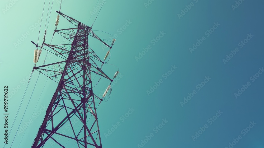 Poster a power line tower against a clear blue sky, representing the reliability and stability of electrici