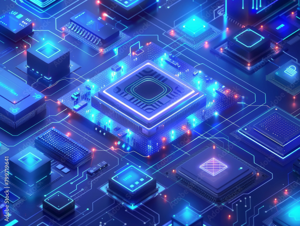 Poster futuristic blue neon microchip, data exchange and collection, smart new microchip concept. quantum c