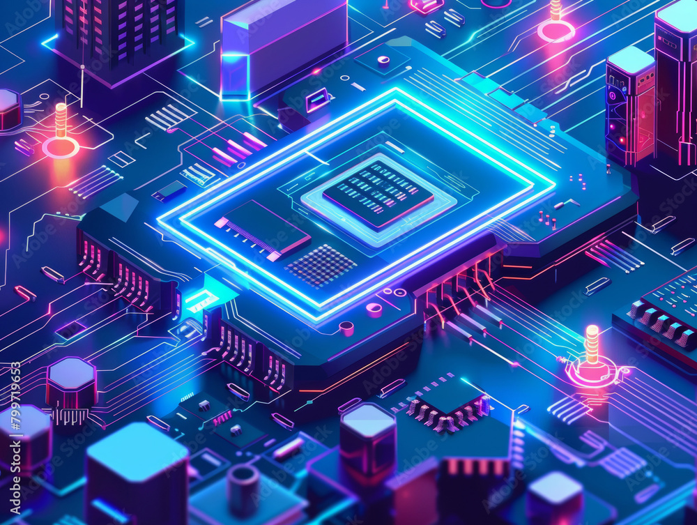Poster futuristic blue neon microchip, data exchange and collection, smart new microchip concept. quantum c