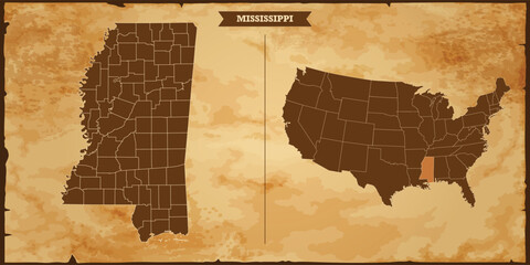 Mississippi state map, United States of America map with federal states in A vintage map based background, Political USA Map - obrazy, fototapety, plakaty