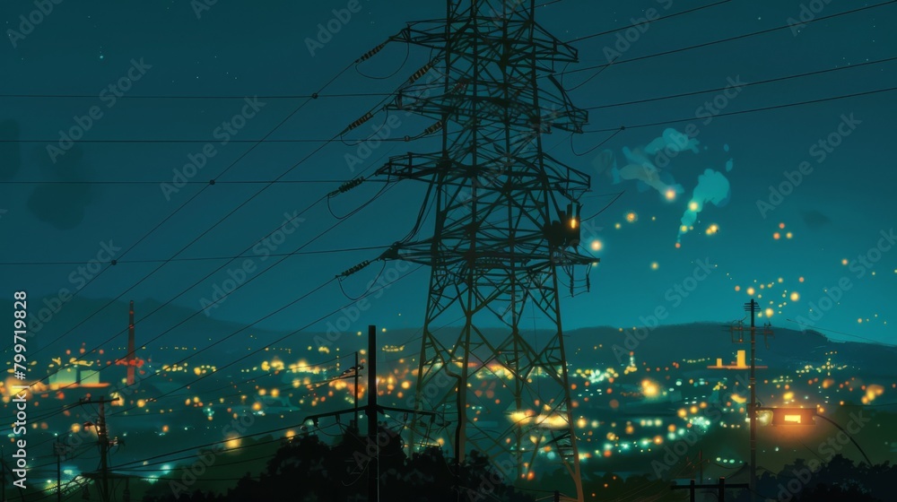 Poster a power line tower at night, illuminated by the glow of city lights, showcasing the continuous flow 