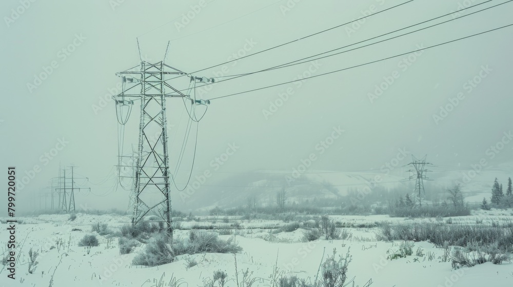 Poster a power line tower in a snowy landscape, symbolizing the resilience of electricity transmission syst