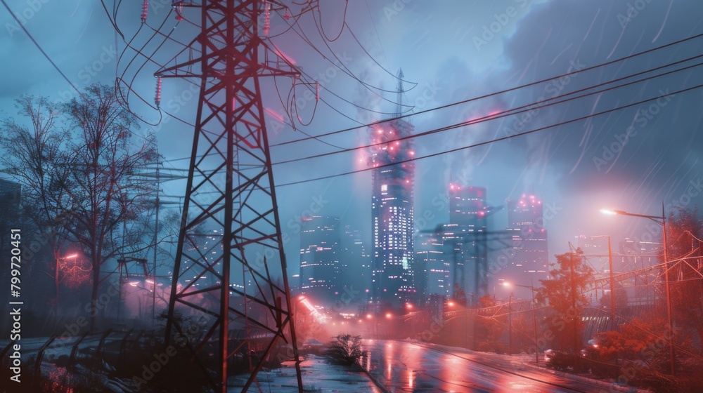 Poster a power line tower in an urban setting, blending into the cityscape and symbolizing the modernizatio