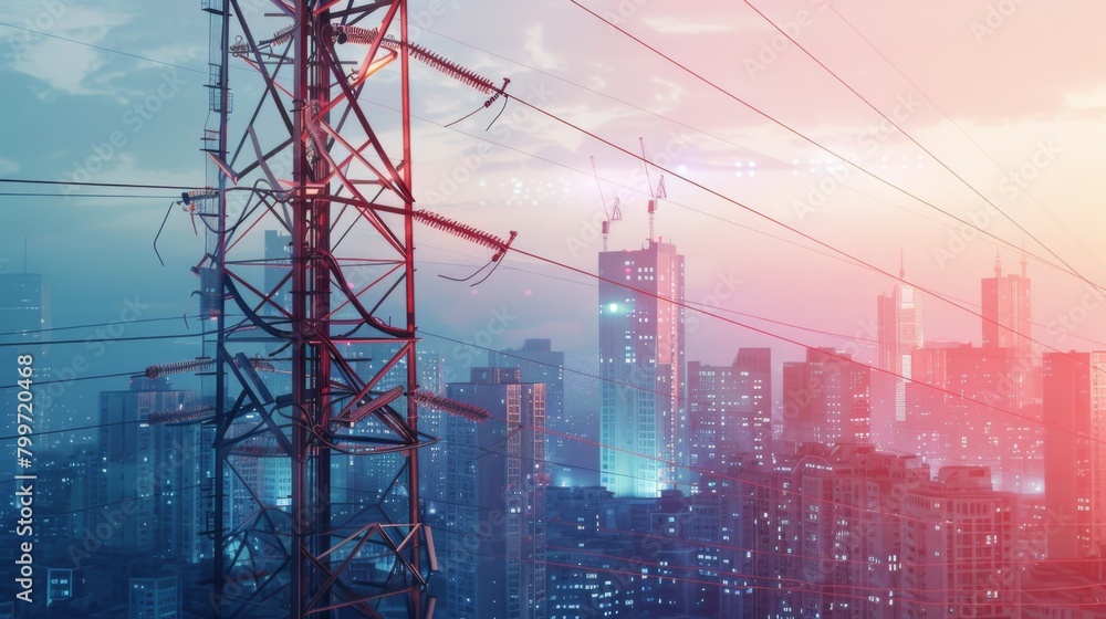 Aufkleber a power line tower in an urban setting, blending into the cityscape and symbolizing the modernizatio