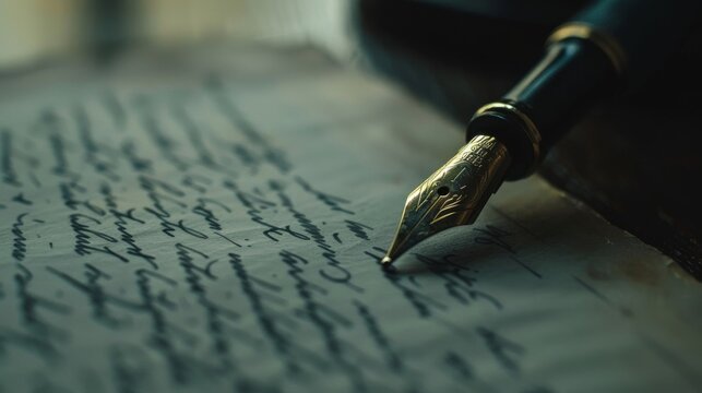 A fountain pen is seen in action as it writes on a blank piece of paper, creating elegant strokes and forming words.