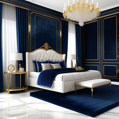 blue , golden and white bedroom with marble floors and marble walls with a window