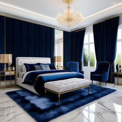 blue , golden and white bedroom with marble floors and marble walls with a window