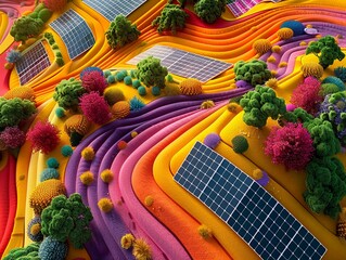 Birdseye view of utopian solar farm, geometric patterns, sustainable harmony , vibrant color