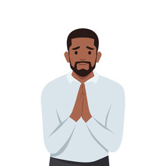 Young man with hands in prayer ask for forgiveness. Male join hands feel grateful or thankful. Flat vector illustration isolated on white background