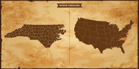 North Carolina state map, United States of America map with federal states in A vintage map based background, Political USA Map - obrazy, fototapety, plakaty