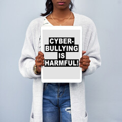 Screen, information and woman with tablet in studio for cyberbullying, activism or security....