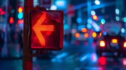 A red arrow signal prohibiting left turns, indicating traffic to yield and proceed straight at an intersection.