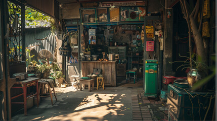 Fototapeta premium Cozy outdoor café filled with plants and rustic furniture in a quiet neighborhood, perfect for enjoying morning coffee on a sunny day