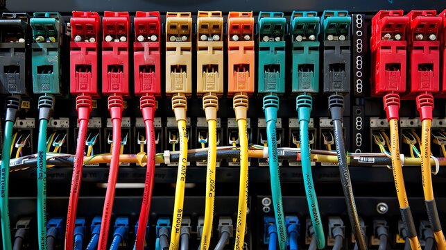 A close up of a patch panel with many different colored network cables plugged in.