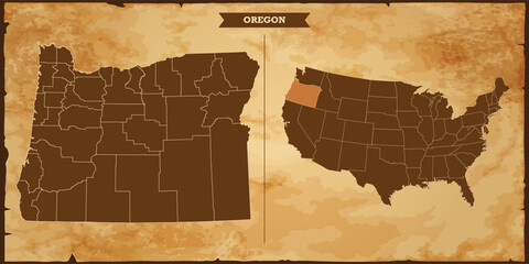 Oregon state map, United States of America map with federal states in A vintage map based background, Political USA Map - obrazy, fototapety, plakaty