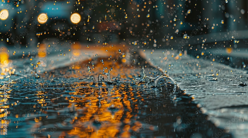 Aufkleber close-up of raindrops splashing on pavement during a downpour, creating dynamic patterns and reflect