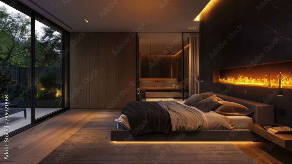 Poster The minimalist design of this bedroom is enhanced by a statement fireplace with a dynamic flame that can be changed to different shades of yellow. 2d flat cartoon.