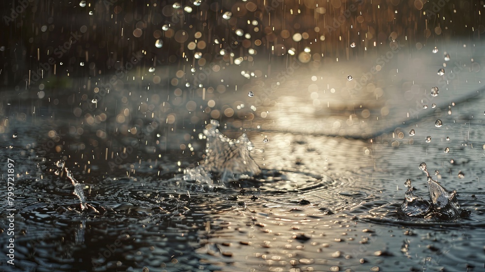Leinwandbilder close-up of raindrops splashing on pavement during a downpour, creating dynamic patterns and reflect