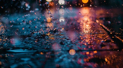 Close-up of raindrops splashing on pavement during a downpour, creating dynamic patterns and reflections that capture the essence of a refreshing summer rain shower in an urban setting.