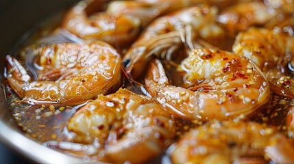 Close-up of raw prawns immersed in a flavorful fish sauce marinade, enhancing their natural sweetness and adding depth of flavor for a delicious seafood dish, perfect for grilling or stir-frying.