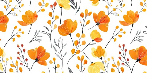 beautiful yellow and orange floral pattern on white background.