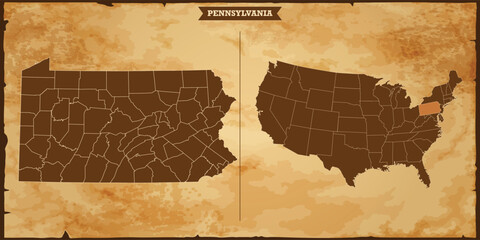 Pennsylvania state map, United States of America map with federal states in A vintage map based background, Political USA Map - obrazy, fototapety, plakaty