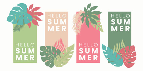Set of tropical banners. Creative compositions from palm leaves with space for text.