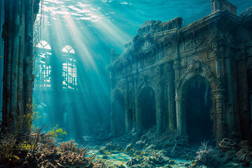 Sunken Mysteries: Enigmatic Underwater Ruins in Serene Ocean Light - A Tranquil Dive into History and Marine Life