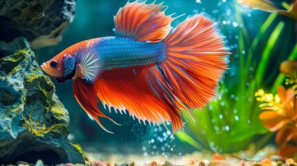 Colorful Siamese fighting fish (Betta fish) gracefully swimming in a freshwater aquarium, showcasing their vibrant fins and tails in a serene underwater scene.