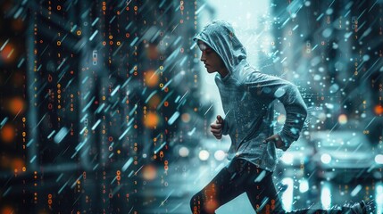 A young man running in a hoodie in the rain against a background of binary code. Hacking computer...