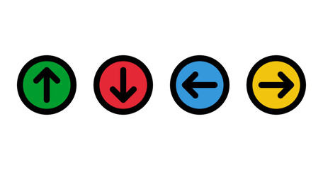 green up red down blue left yellow right arrows, round vector icons set