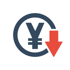 Obraz premium japanese yen or chinese yuan red down arrow icon, exchange rate falling trend symbol, inflation or tax infographics sign