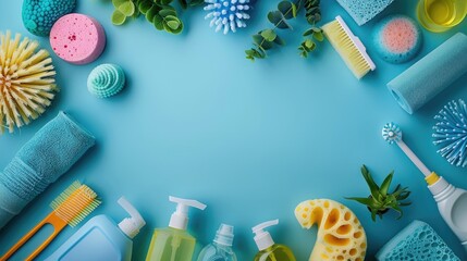 Obraz premium A set of cleaning products on a blue background with space for copying.