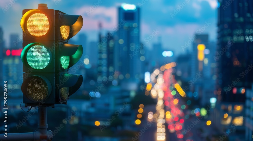 Poster a traffic light changing to green with a blurred cityscape background, symbolizing movement and prog