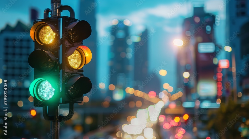 Poster a traffic light changing to green with a blurred cityscape background, symbolizing movement and prog
