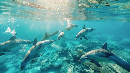 A group of dolphins gracefully swim over a vibrant coral reef, showcasing their sleek bodies and playful movements in their natural habitat. The colorful reef provides a backdrop to their lively