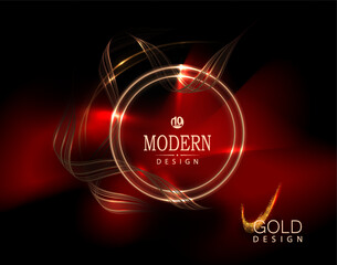 Isolated golden round frame with red blotch on black background.