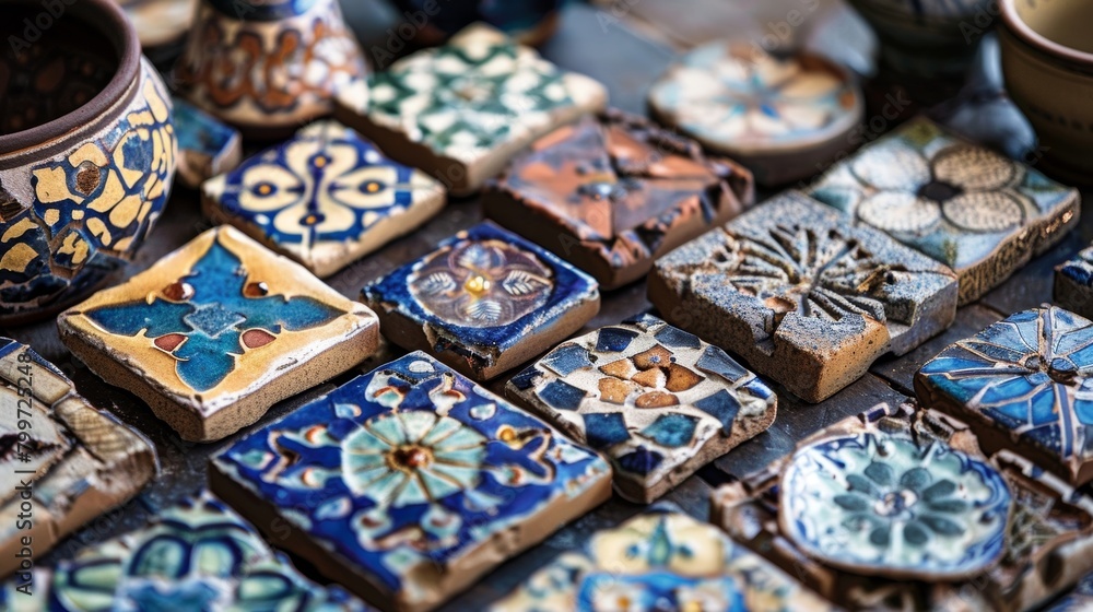 Poster a set of mosaic tiles made from broken pieces of ceramic and arranged into a stunning design on a ta