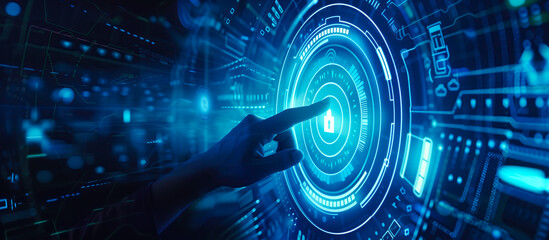 Businessman hand reaches out to touch a virtual screen display digital transformation. The concept of using technology to change and improve business. Generative AI.