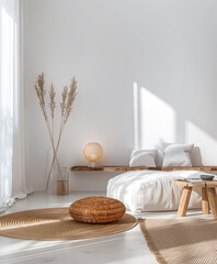 Minimalist interiors design composition with zen elements and minimal furniture.