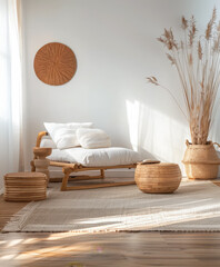 Minimalist interiors design composition with zen elements and minimal furniture.