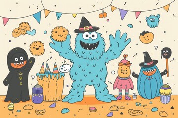 Cartoon cute doodles of a cookie monster costume party where everyone dresses up as their favorite cookie characters, Generative AI