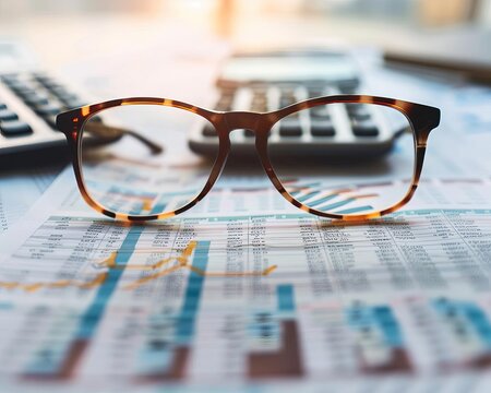 Detailed view of accounting spreadsheets reflecting on glasses of a focused accountant, calculators and papers around