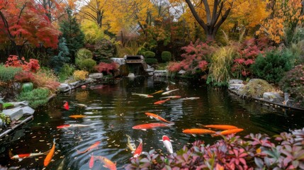 A tranquil koi pond surrounded by autumn foliage, creating a serene atmosphere of harmony and change.