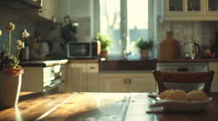 Wooden table top on blur kitchen room background, AI generated image.