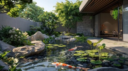 A tranquil Zen garden with a serene koi pond as its centerpiece, representing harmony and mindfulness.