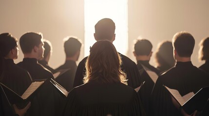 A church choir with singers in robes, leading worship with hymns, against a plain white background.